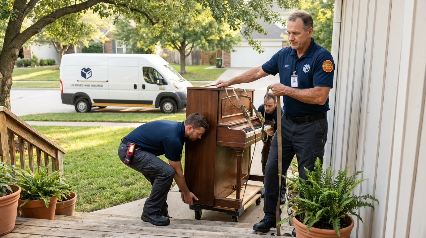 Licensed piano movers securing grand piano in Flint, MI
