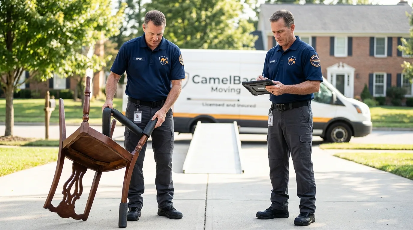 Movers inspecting furniture for damage prevention before loading in Flint, MI